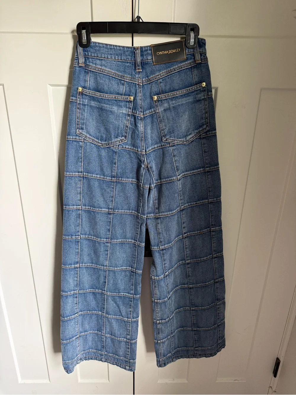Cynthia Rowley Collection Window Pane Blue Patchwork Wide-Leg Jeans size 25. - Picture 8 of 10